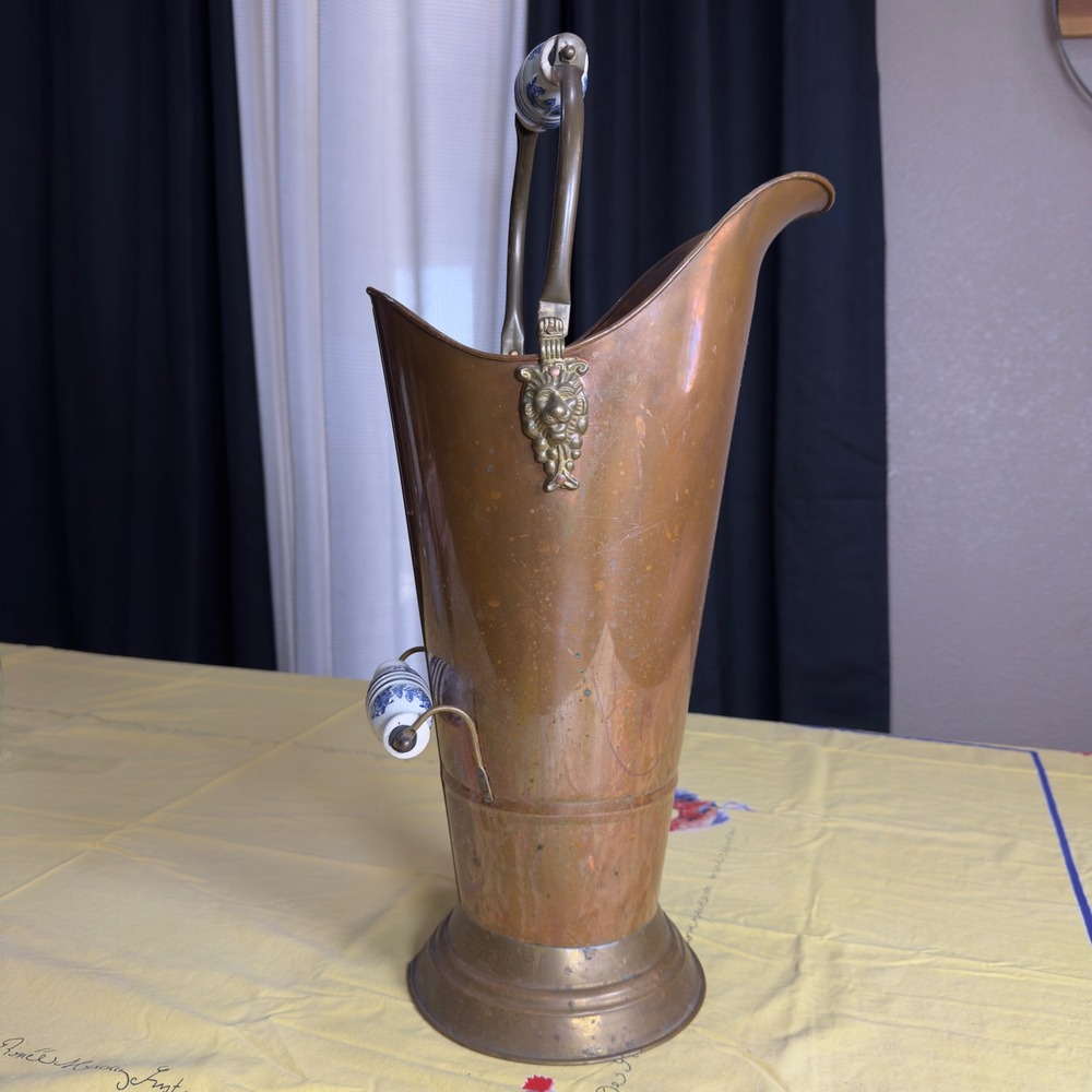 Copper Coal Scuttle with Delft Handle Lion Head Fireplace Bucket Umbrella Stand